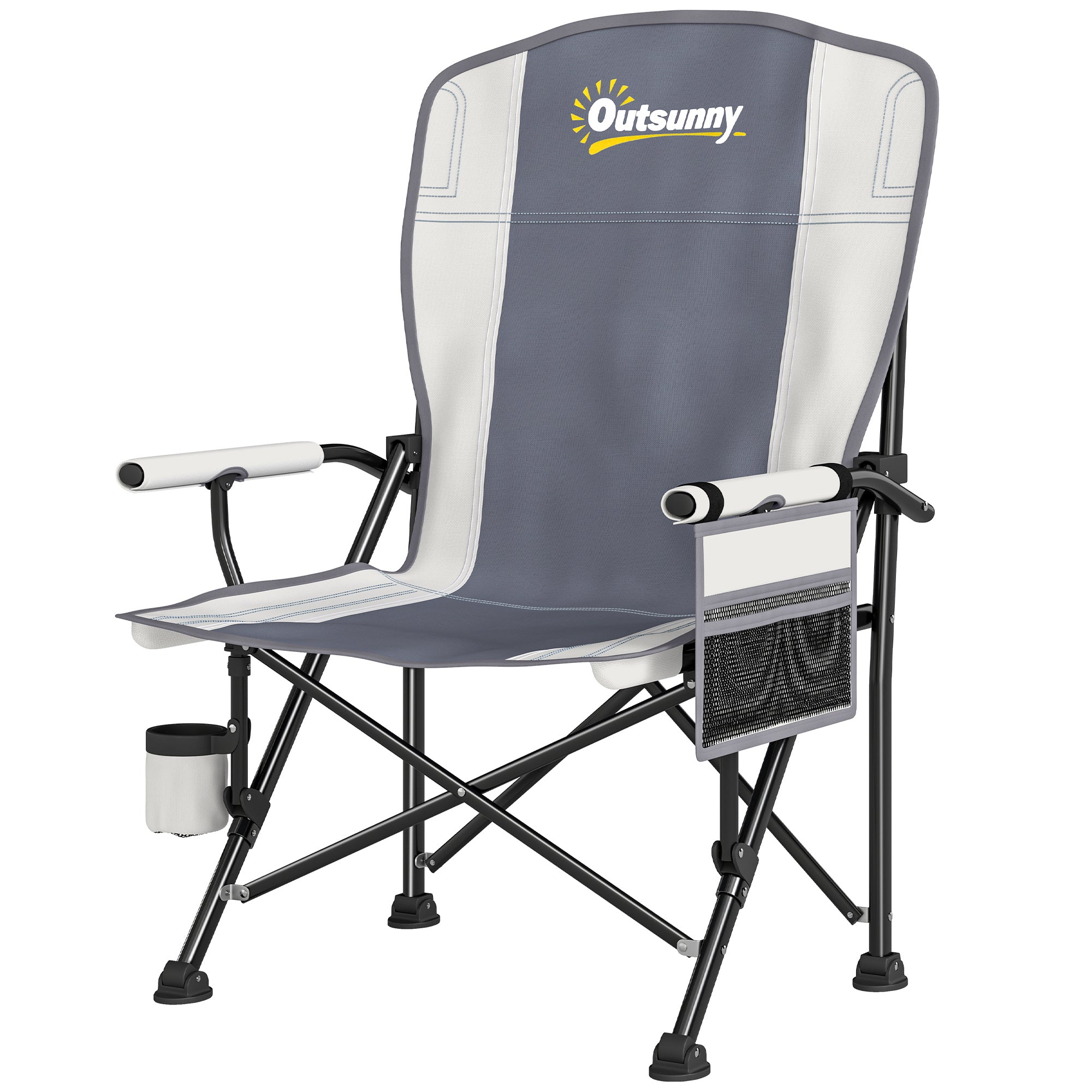 Outsunny Padded Camping Chair Adults Heavy Duty Folding Chair Side Pocket Cup Holder Carry Bag Outdoor Light Grey 