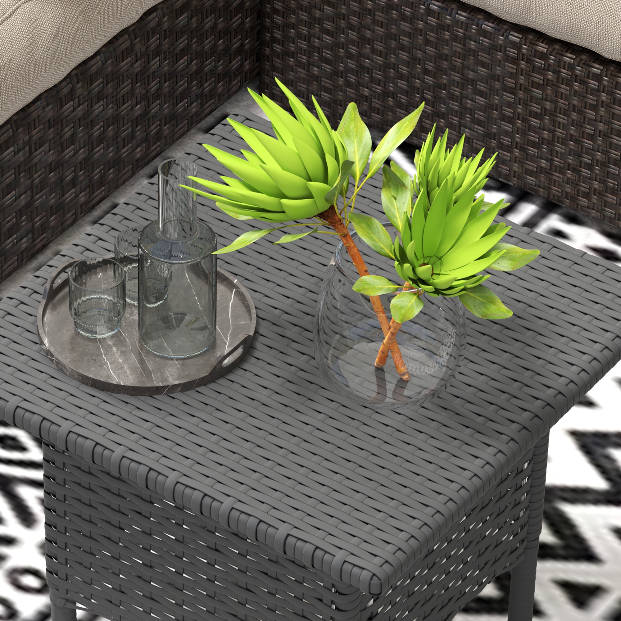 Outsunny Rattan Side Table, Outdoor Coffee Table with Plastic Board Under the Full Woven Table Top for Patio, Garden, Balcony, Grey 