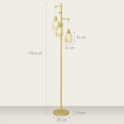 HOMCOM 3-Light Floor Lamp, 170cm Industrial Dimmable Standing Lamp with Steel Wire Cage Lampshades for Living Room, Bedroom, Dining Room, Study, Gold Tone 