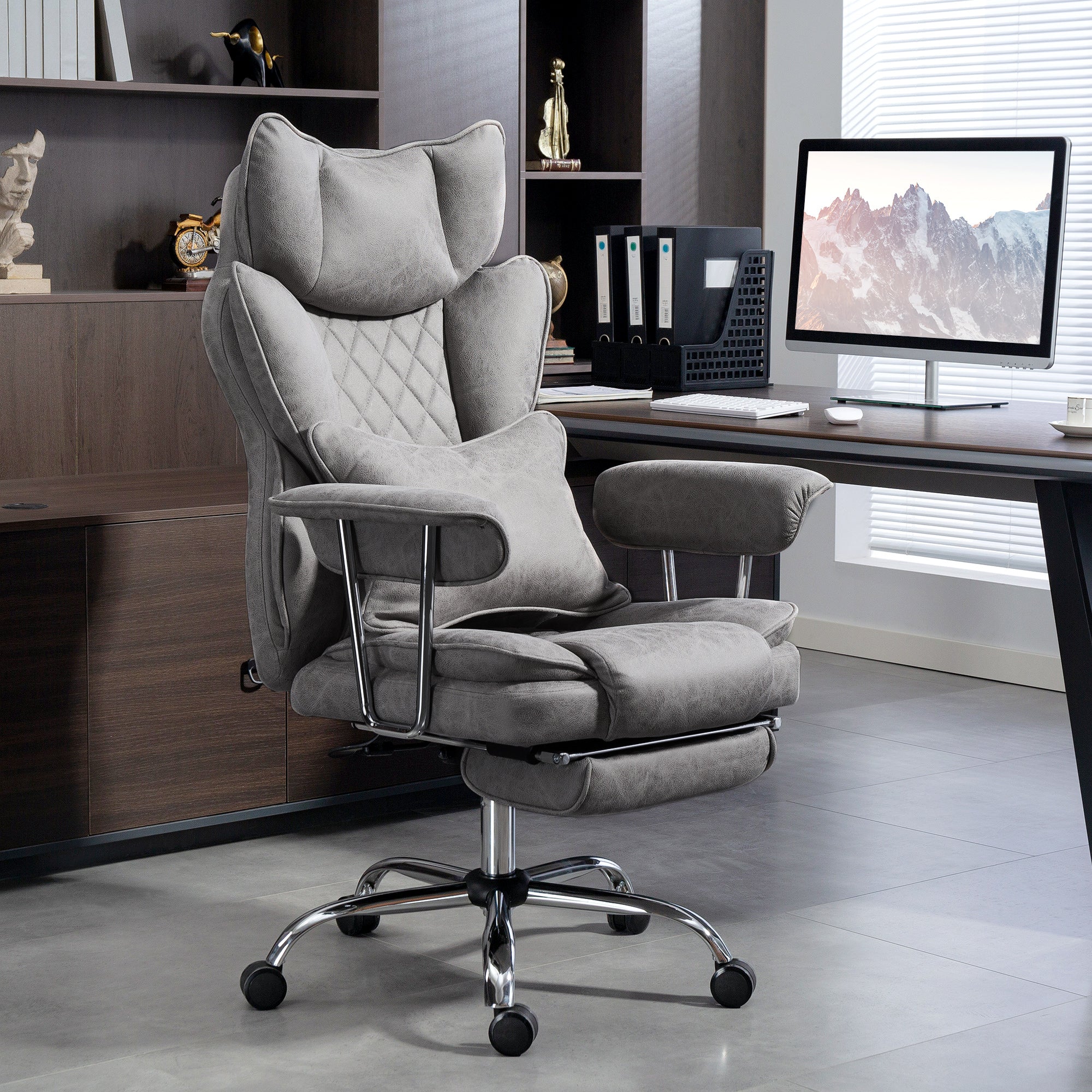 HOMCOM Leathaire Reclining Office Chair with Lumbar Support Pillow - Grey