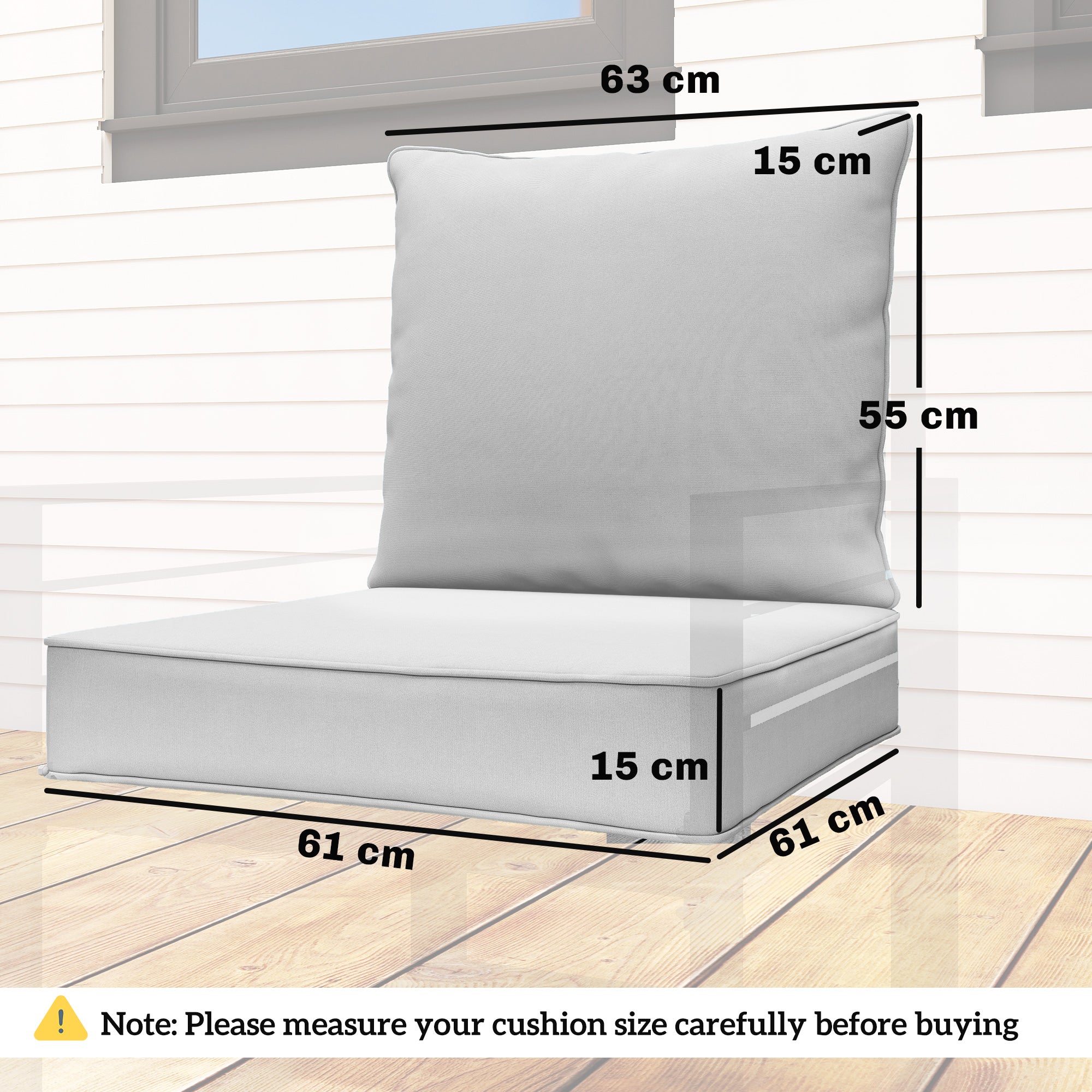 Outsunny Outdoor Seat and Back Cushion Set, 63L x 55W x 15Dcm Patio Deep Seating Chair Fade Resistant Replacement Cushion, Light Grey 