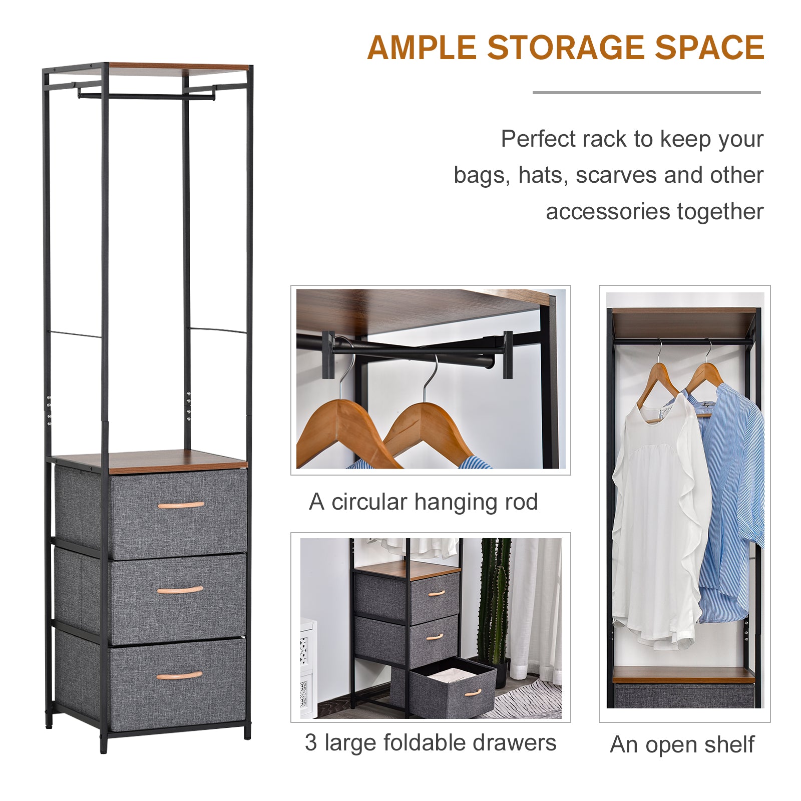 HOMCOM Coat Rack with 3 Drawers Storage Rack with Steel Frame for Bedroom Hallway Home Furniture Grey 
