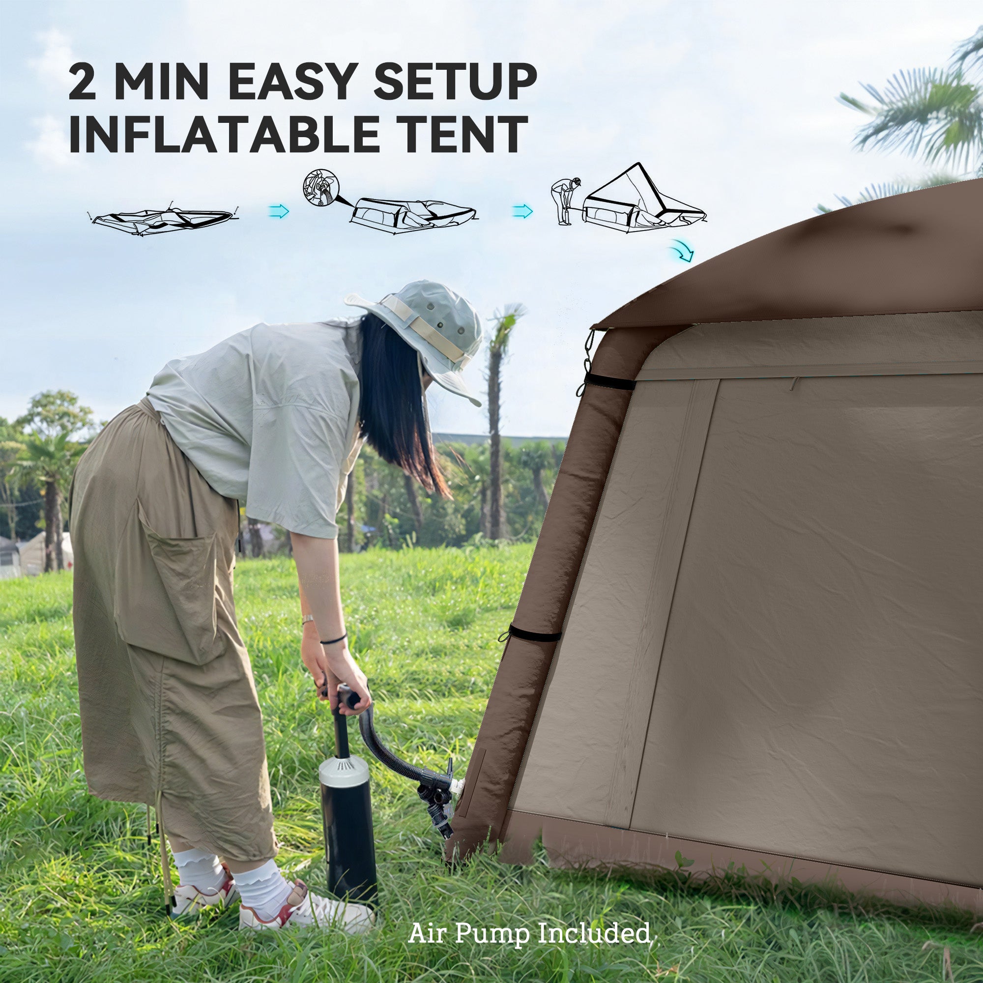 Outsunny Blow Up Tent w/ Hand Pump, Inflatable Camping Tent, Easy Setup 1/2 Person Waterproof Khaki 