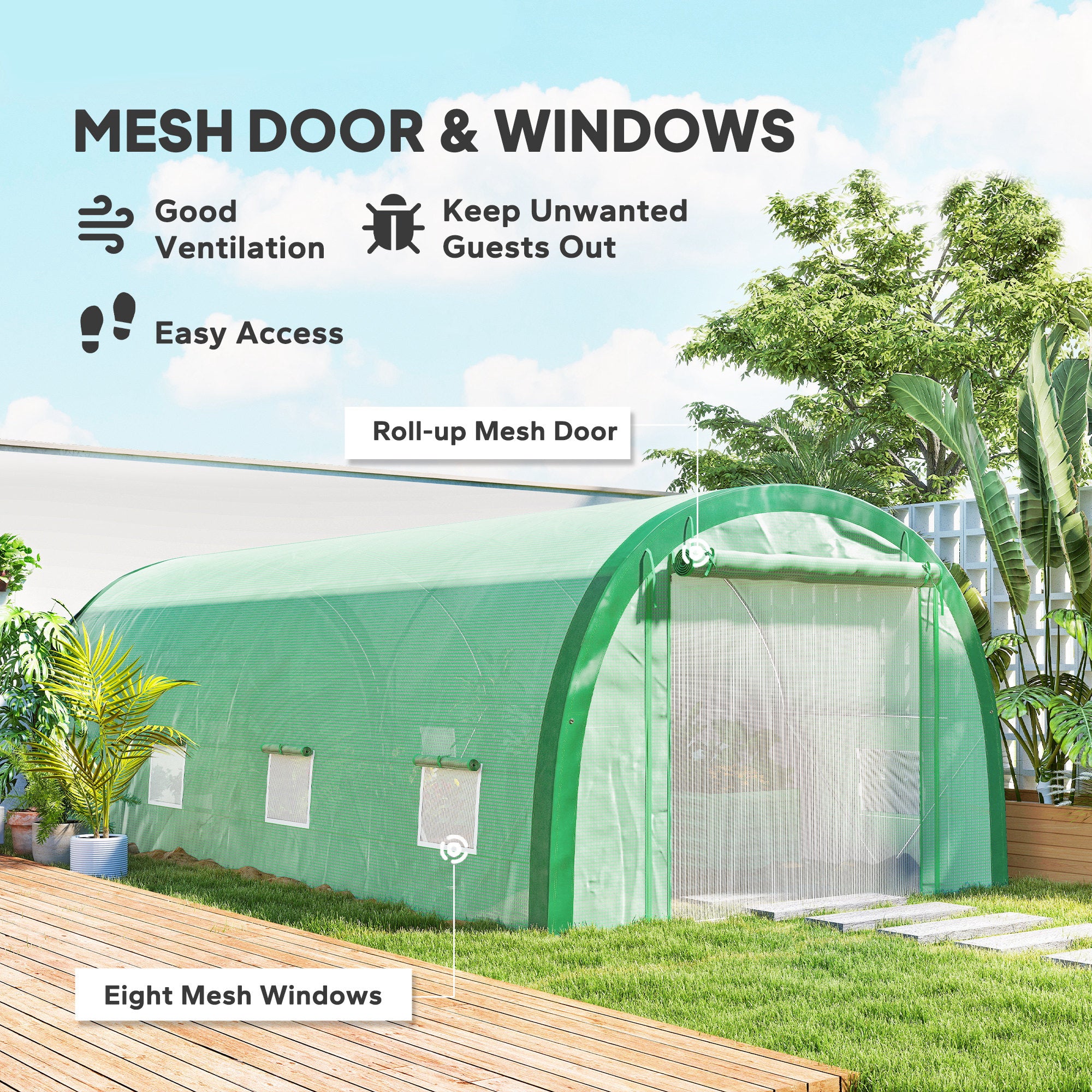 Outsunny 6 x 3(m) Polytunnel Greenhouse with Upgraded Structure, Mesh Door and Windows, 15 Plant Labels, Green 