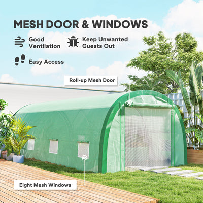 Outsunny 6 x 3(m) Polytunnel Greenhouse with Upgraded Structure, Mesh Door and Windows, 15 Plant Labels, Green 