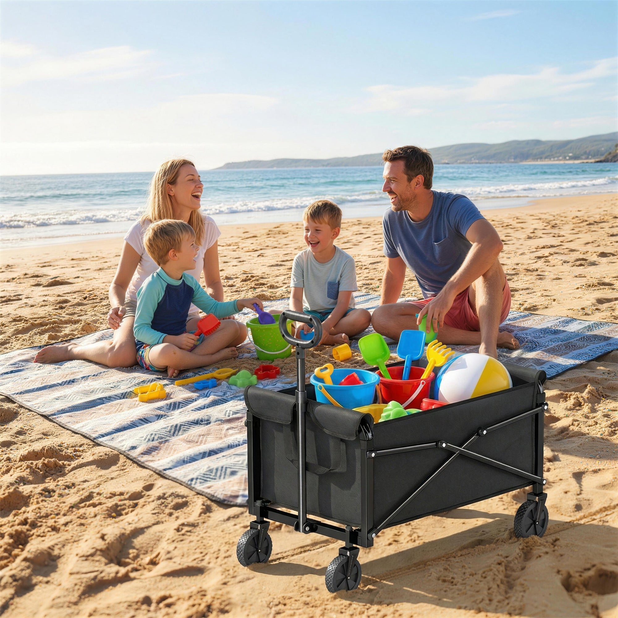 Outsunny 81L Festival Trolley on Wheels, Compact Garden Folding Trolley Cart with Adjustable Handle 80L Black 