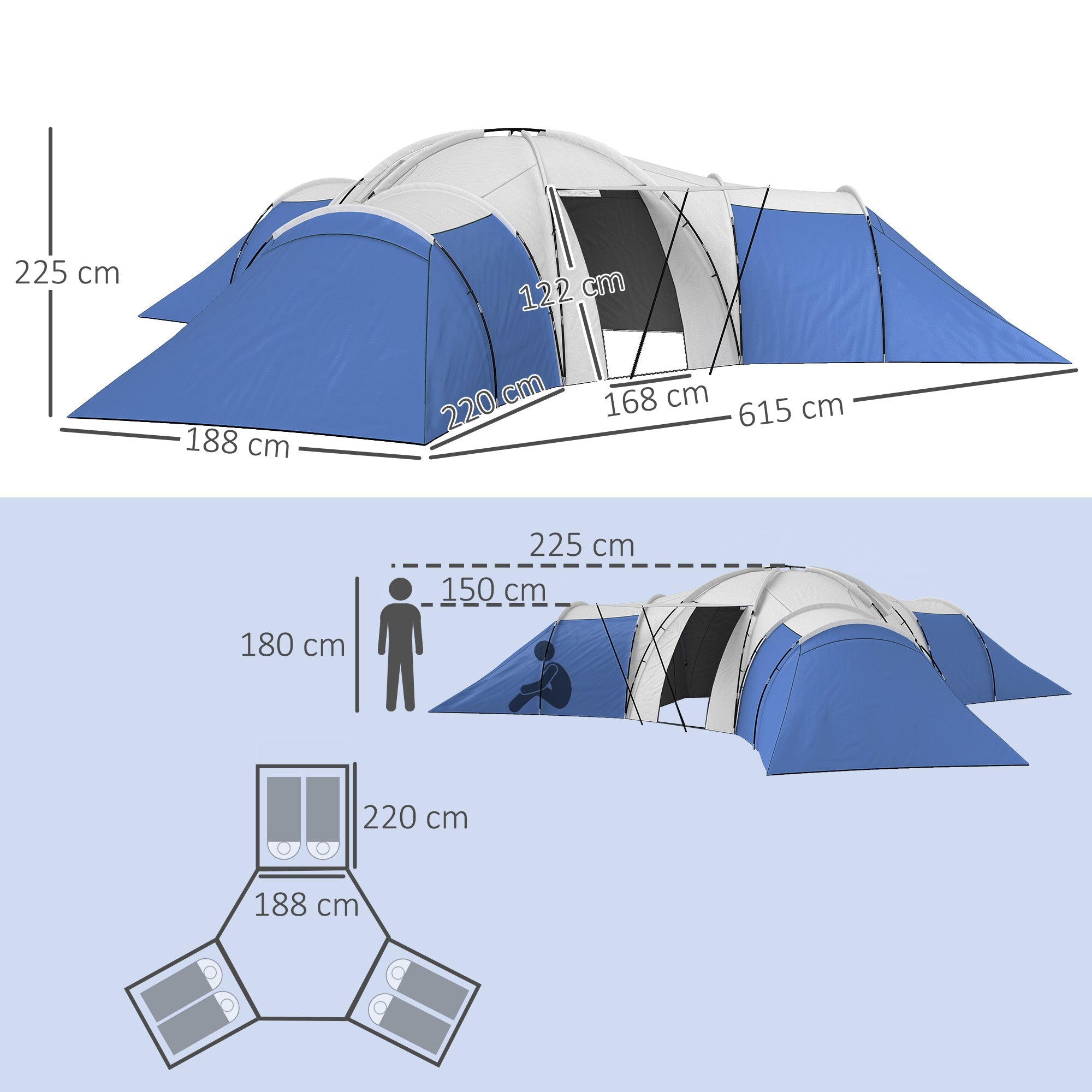Outsunny 6-9 Man Tent with Bedrooms and Living Room, Accessories Included, Blue 