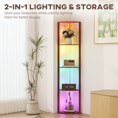 HOMCOM RGB LED Floor Lamp with Shelves, 5-Tier Dimmable Standing Lamp with Adjustable Brightness and Remote Control, Modern Corner Display Shelf Unit for Living Room Bedroom Office, Brown 