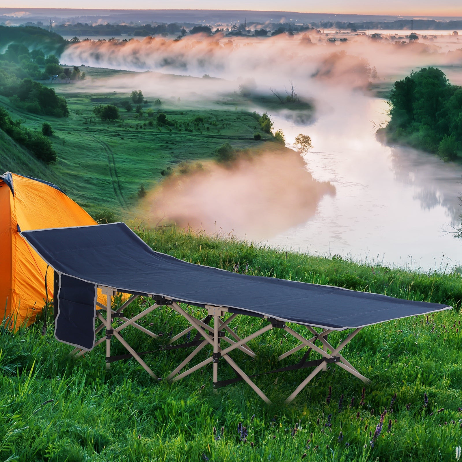 Outsunny Single Person Camping Bed Folding Cot Outdoor Patio Portable Military Sleeping Bed Travel Guest Leisure Fishing with Side Pocket and Carry Bag - Blue 