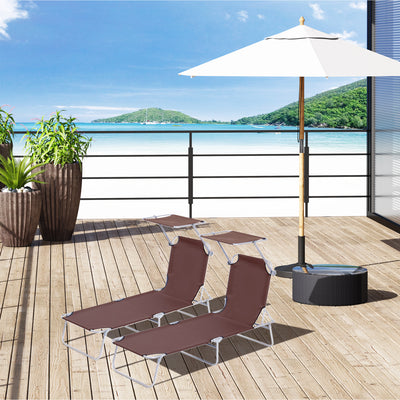 Outsunny 2 Pieces Outdoor Foldable Sun Lounger, 4 Level Adjustable Backrest Reclining Sun Lounger Chair with Angle Adjust Sun Shade Awning for Beach, Garden, Patio, Brown 