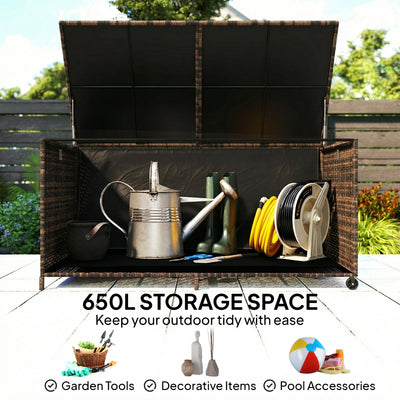 Outsunny 650L Garden Storage Box with 2 Wheels, Rattan Deck Box with Waterproof Zipped Liner, Safe Pneumatic Rods, Mixed Brown 