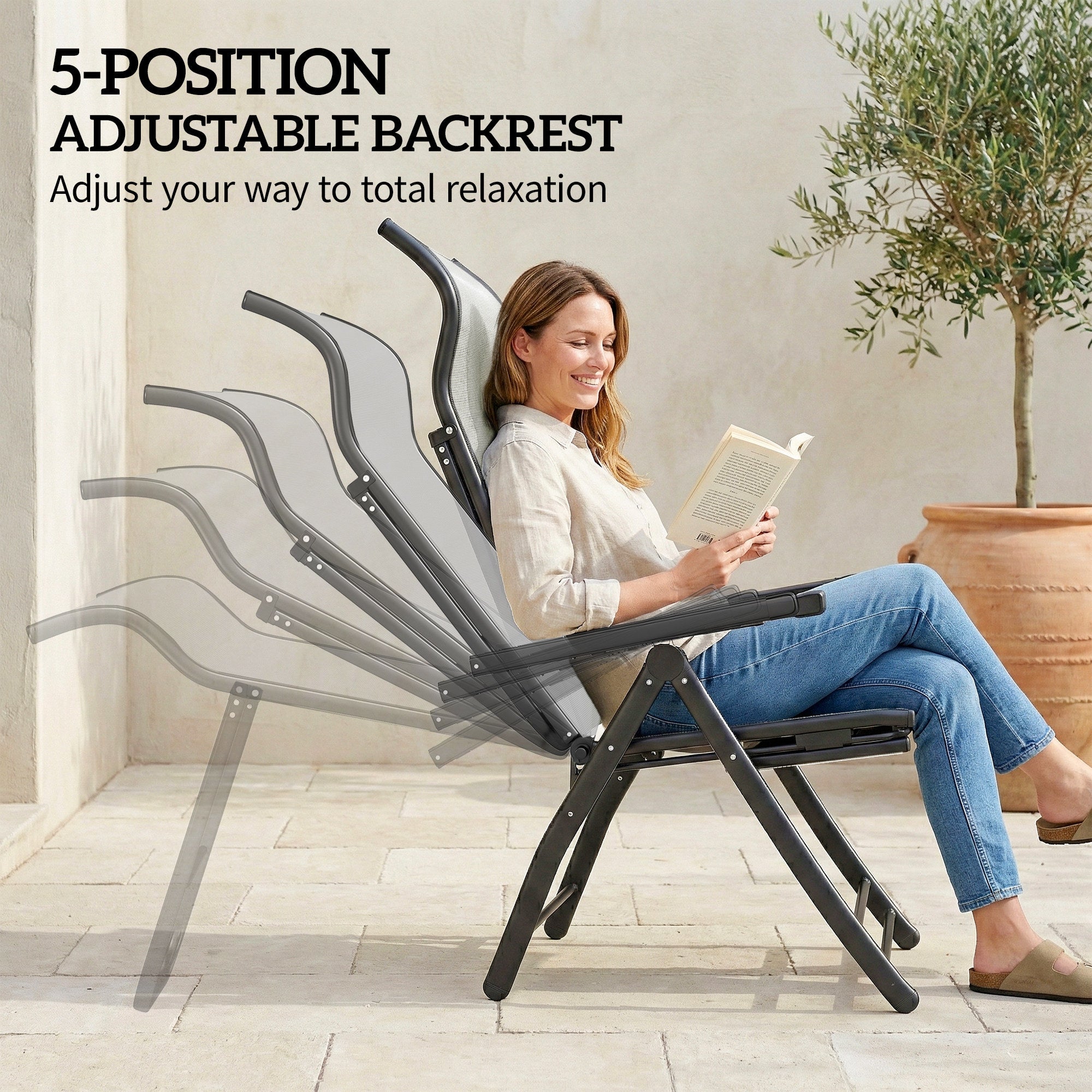 Outsunny Reclining Garden Chairs Set of 2, 5-Position Folding Sun Loungers with High Back, Retractable Footrest, Light Grey 