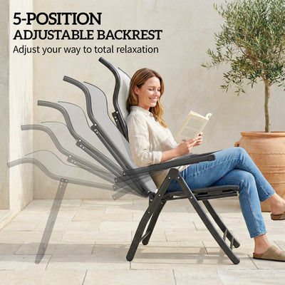 Outsunny Reclining Garden Chairs Set of 2, 5-Position Folding Sun Loungers with High Back, Retractable Footrest, Light Grey 