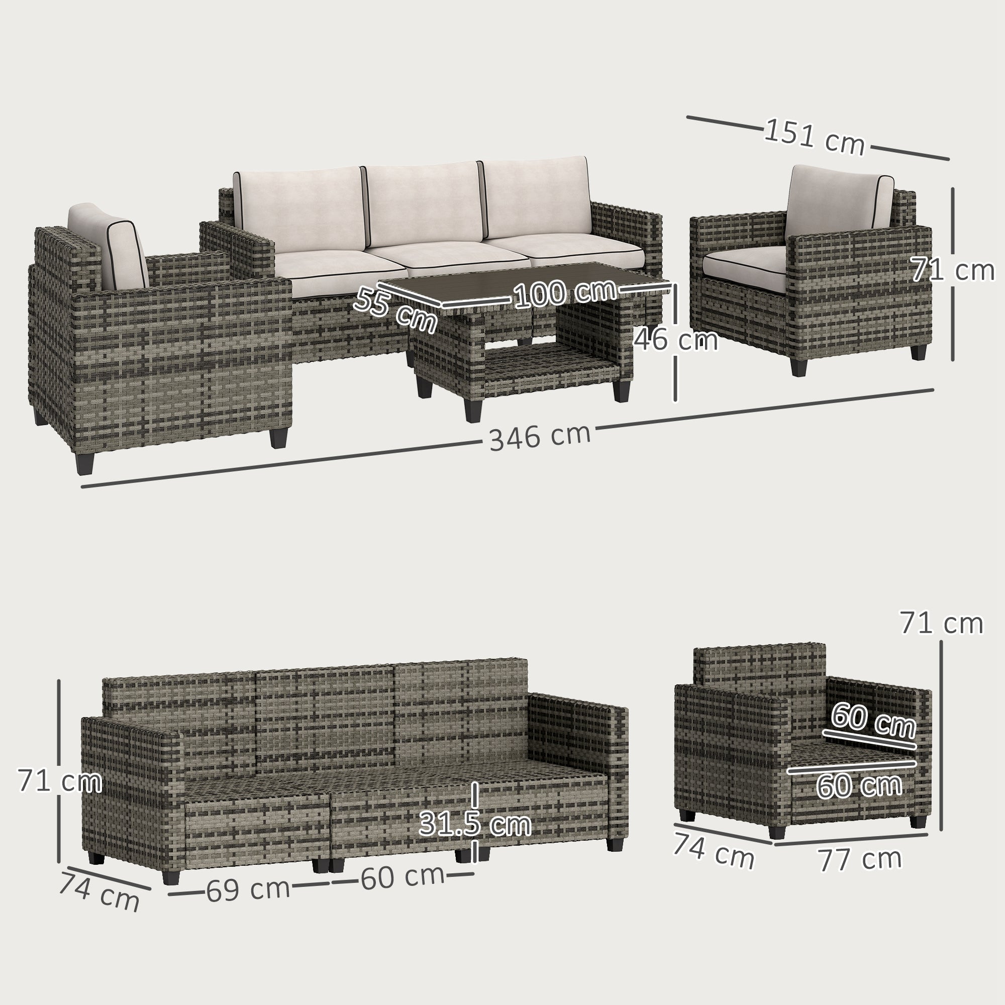 Outsunny 6 Pieces Rattan Garden Furniture Set, 5 Seater Wicker Outdoor Furniture Set with 2 Armchairs, Steel Frame Coffee Table and Cushions for Balcony, Porch, Light Grey 