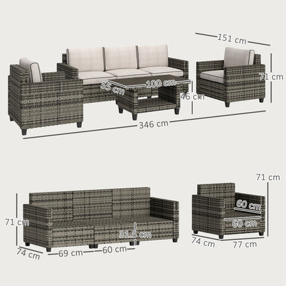Outsunny 6 Pieces Rattan Garden Furniture Set, 5 Seater Wicker Outdoor Furniture Set with 2 Armchairs, Steel Frame Coffee Table and Cushions for Balcony, Porch, Light Grey 