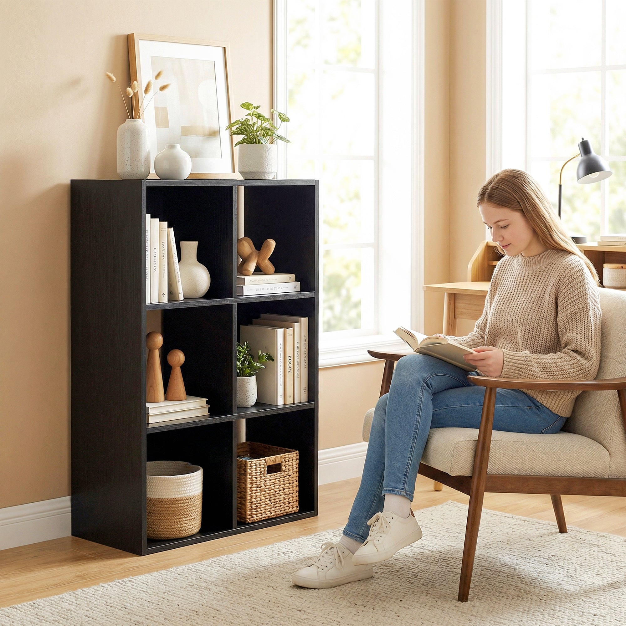 HOMCOM Industrial Style Storage Shelf, Bookcase, Bookshelf with 6 Compartments, for Living Room, Home Study, Black Wood Effect 