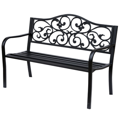 Outsunny Metal Garden Bench with Floral Backrest and Armrests - Black 