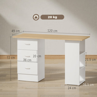 HOMCOM Computer Desk, Writing Table, PC Workstation with 3 Storage Shelves and Drawers, Silver Handle, for Home Office, Natural Wood Finish and White 