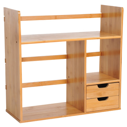 HOMCOM Desk Organiser Compartments Desktop Bookshelf Stationery Storage Shelf Document File Holder with 2 Drawers 2-way Reversed Use Bamboo 