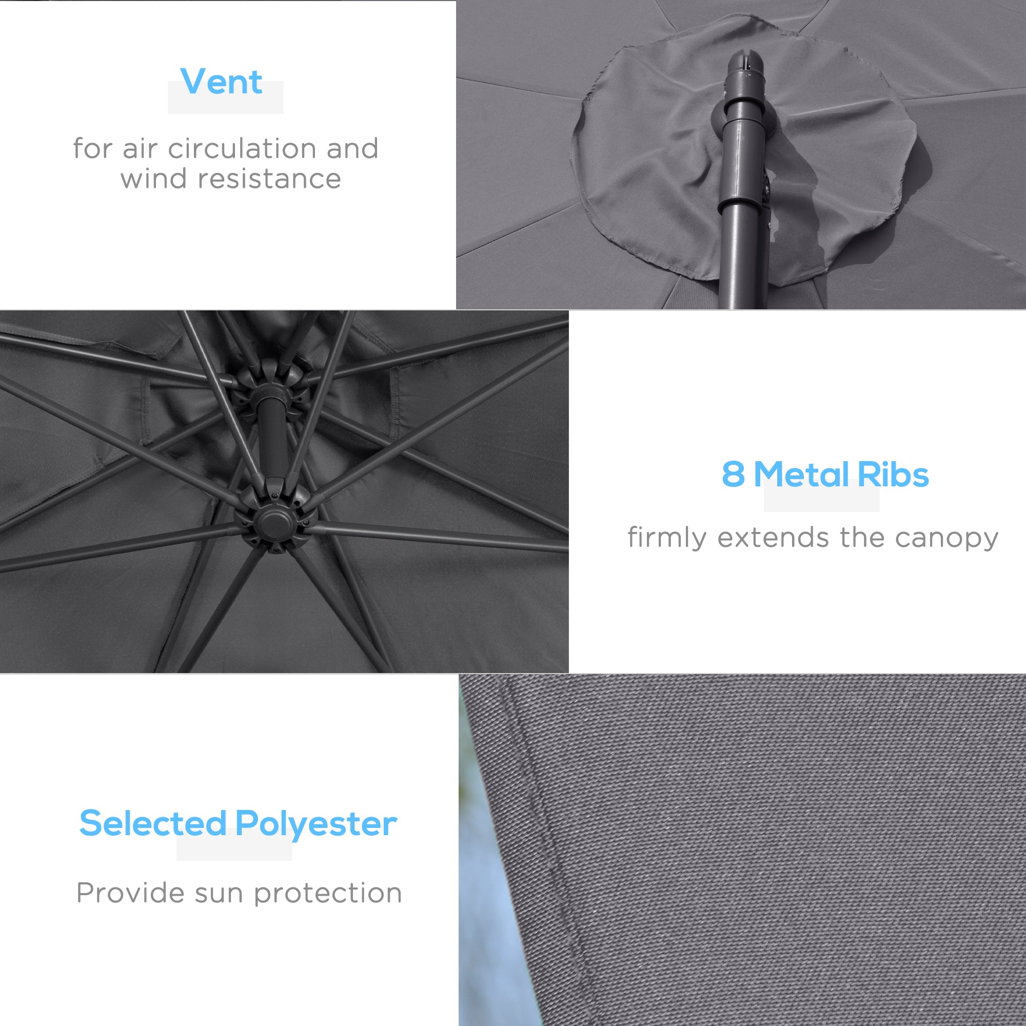 Outsunny 3(m) Garden Parasol Sun Shade Patio Banana Hanging Umbrella Cantilever with Crank Handle and Cross Base Grey 