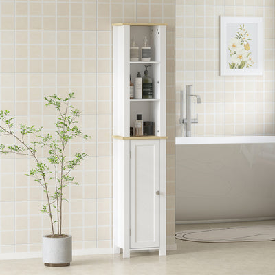 kleankin Slim Bathroom Storage Unit with Open Compartment, Bathroom Storage Cabinet with Adjustable Shelf, 34 x 23 x 165 cm, White 