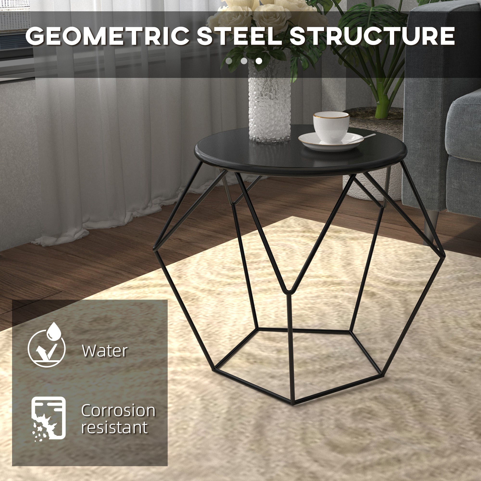 HOMCOM Round Side Table, Minimalist End Table with Steel Frame, Small Coffee Table for Living Room, Bedroom, Black 