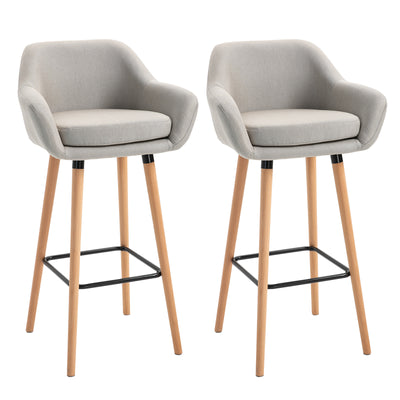 HOMCOM Set of 2 Bar Stools Modern Upholstered Seat Bar Chairs w/ Metal Frame, Solid Wood Legs Living Room Dining Room Fabric Furniture - Beige 
