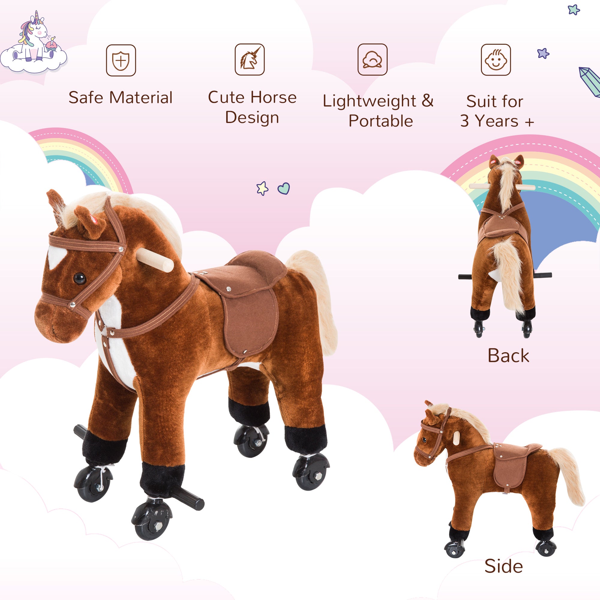 HOMCOM Rocking Horse Kids Ride on Walking Horse Animal Pony Wheeled Riding Plush Toy w/Sound for 3 Years and Up (Brown) 