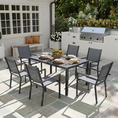 Outsunny 7 Piece Garden Dining Set, Outdoor Furniture Set with 6 Stackable Chairs and 150 cm Rectangle Table, WPC Slatted Top, Rust-Resistant Steel Frame, for Garden, Porch, Terrace 