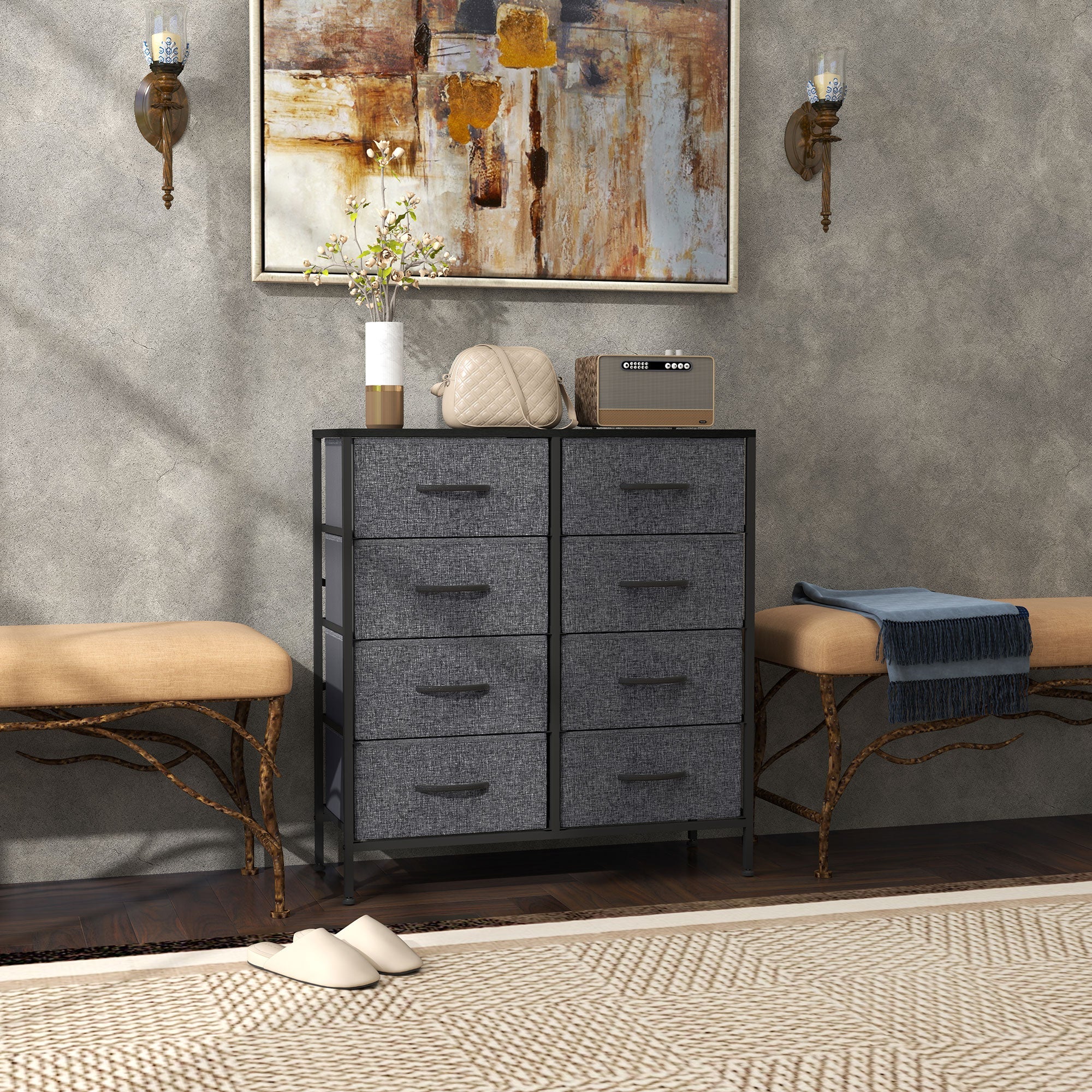 HOMCOM Fabric Chest of Drawers, Storage Drawers, Industrial Bedroom Dresser with 8 Fabric Drawers, Steel Frame and Wooden Top for Nursery, Living Room, Hallway, Black 