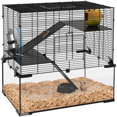 PawHut 3 Tiers Hamster Cage, Gerbil Cage with Deep Glass Bottom, Non-Slip Ramps, Platforms, Hut, Exercise Wheels, Water Bottle, Dish, for Syrian Hamster, Dwarf Hamster, 60 x 40 x 57cm 