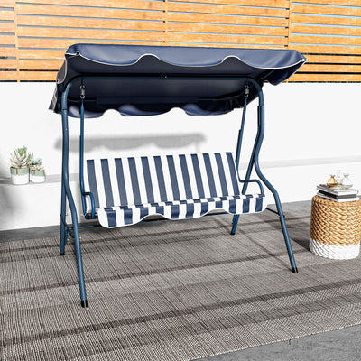 Outsunny 3 Seater Garden Swing Seat Chair Outdoor Bench with Adjustable Canopy and Metal Frame, Blue Stripes 