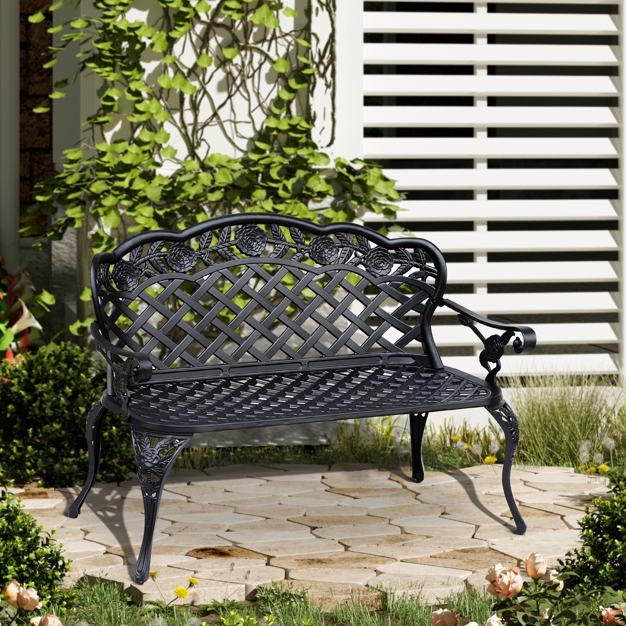 Outsunny Garden Bench, Cast Aluminium, 107Lx58Wx85H cm-Black 