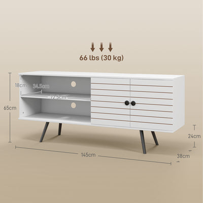HOMCOM TV Stand with Cupboard, Open Shelves, Striped Doors, Wooden legs, White 