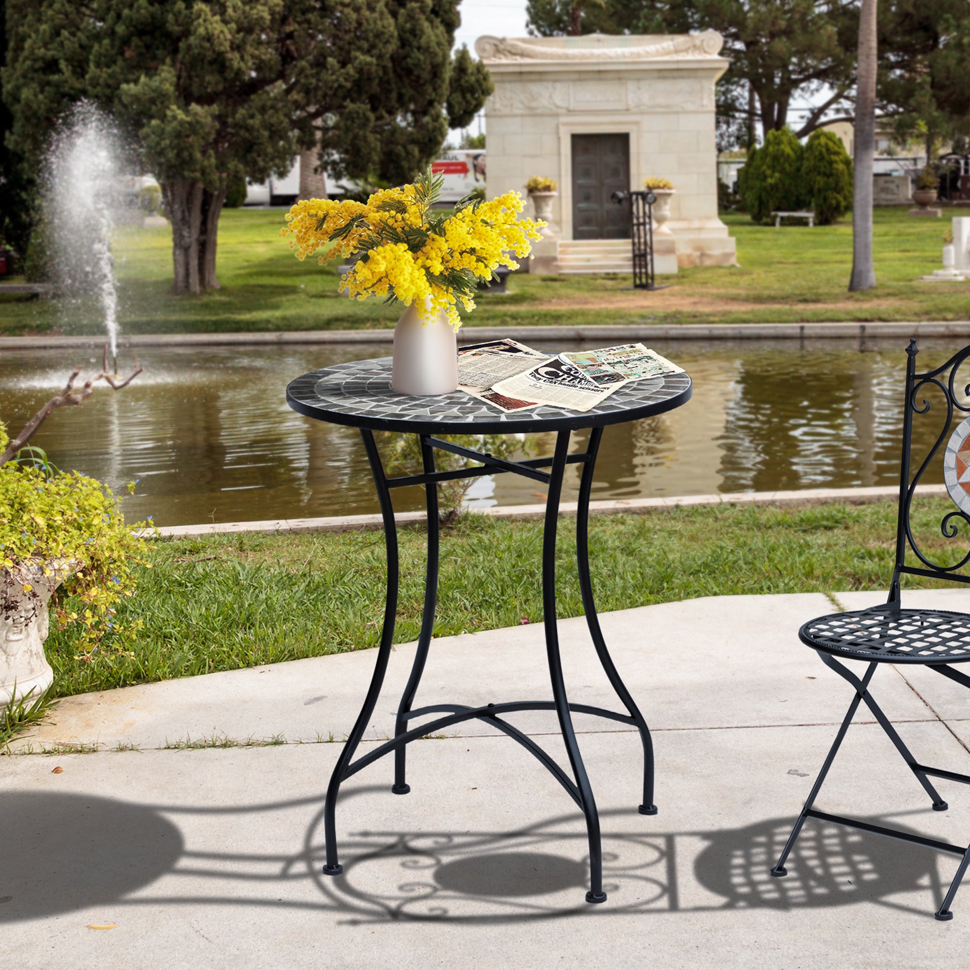 Outsunny Round Mosaic Tabletop Garden Table - Grey/Black 