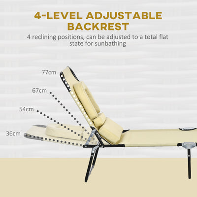 Outsunny Outdoor Foldable Sun Lounger Set of 2, 4 Level Adjustable Backrest Reclining Sun Lounger Chair with Pillow and Reading Hole, Beige 