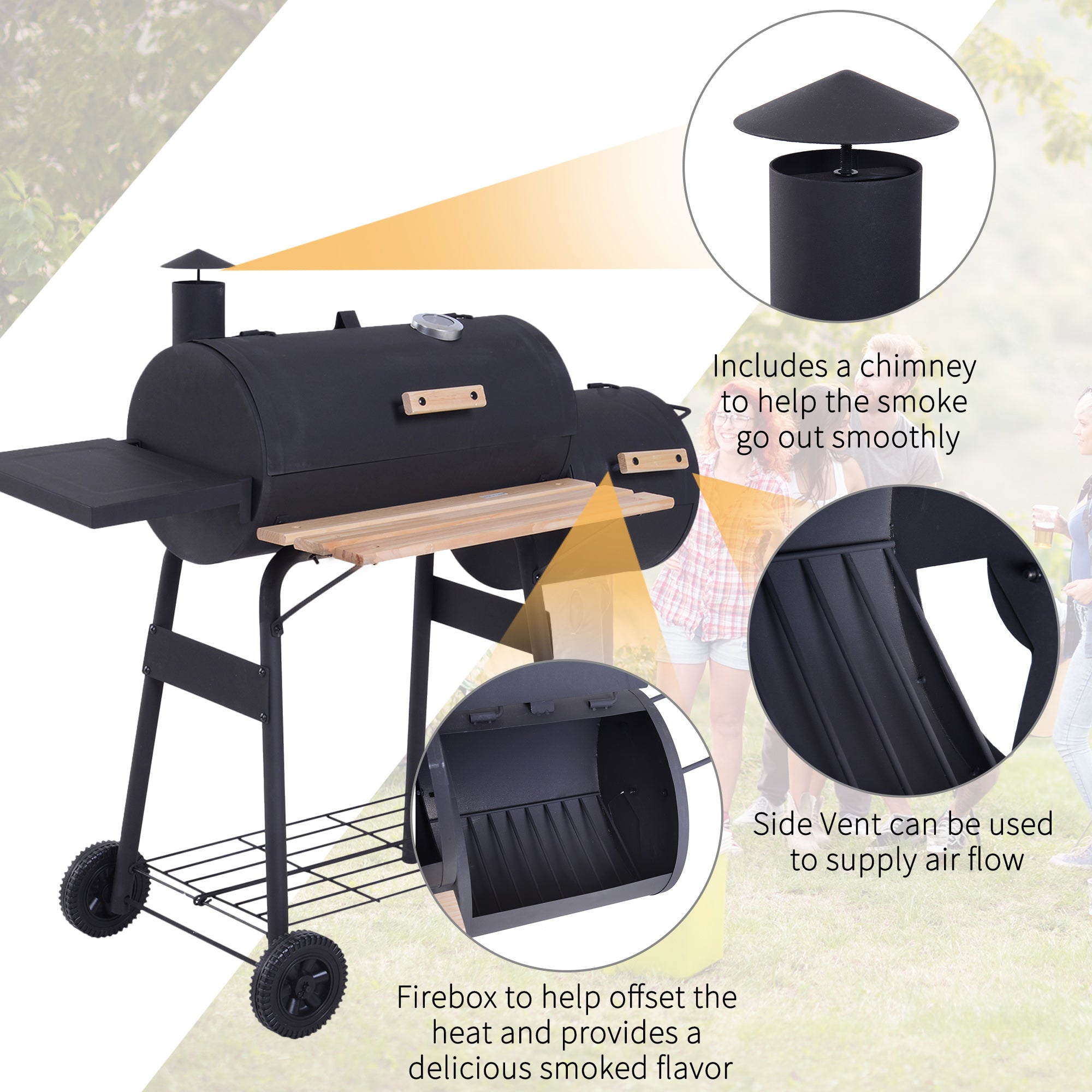 Outsunny Portable Charcoal BBQ Grill, Cold-rolled Steel, Solid Wood, 104H x 124L x53W cm-Black 