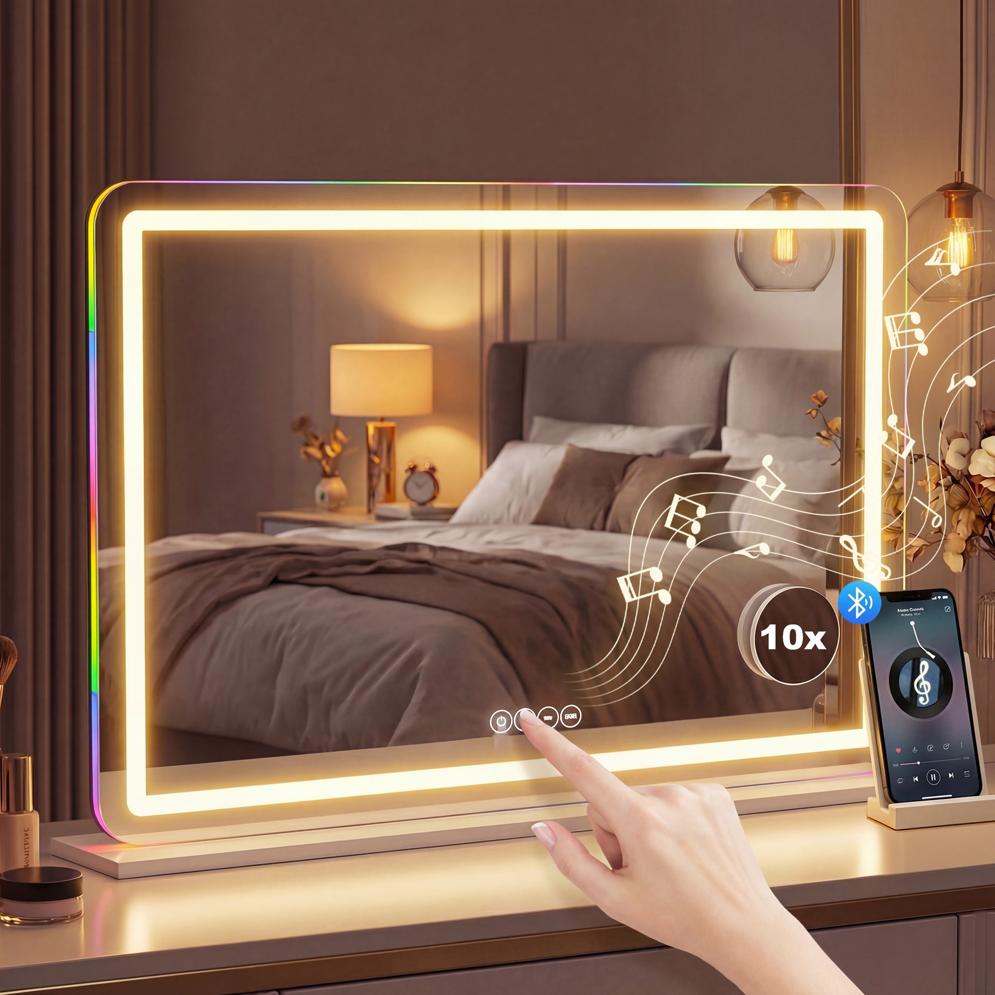 HOMCOM Vanity Mirror with Lights, Dimmable Makeup Mirror with Adjustable Colour Temperature, RGB Light, Bluetooth Speaker White 