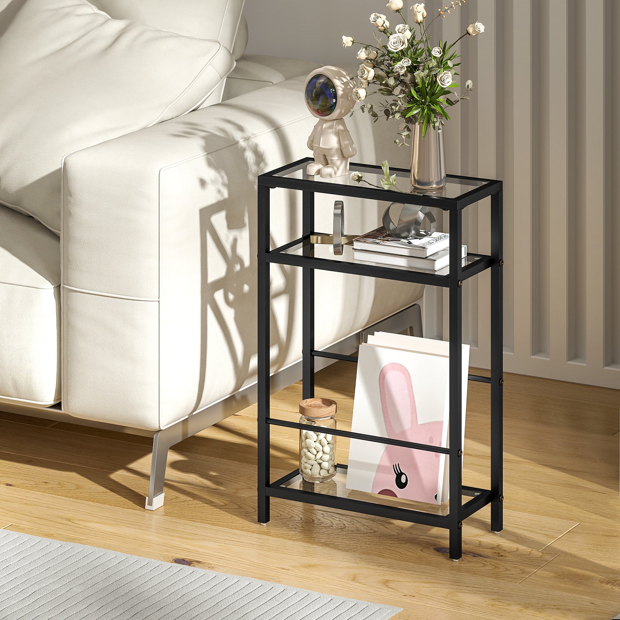 HOMCOM 3-Tier Side Table, Narrow End Table with Storage Shelf and Tempered Glass Tabletop for Small Spaces, Black 