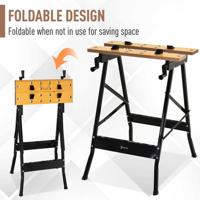 DURHAND 4-in-1 Work Bench, Saw Horse Folding Clamp Table w/ 4 Adjustable Clamping Pegs for DIY Home Garage, Black 