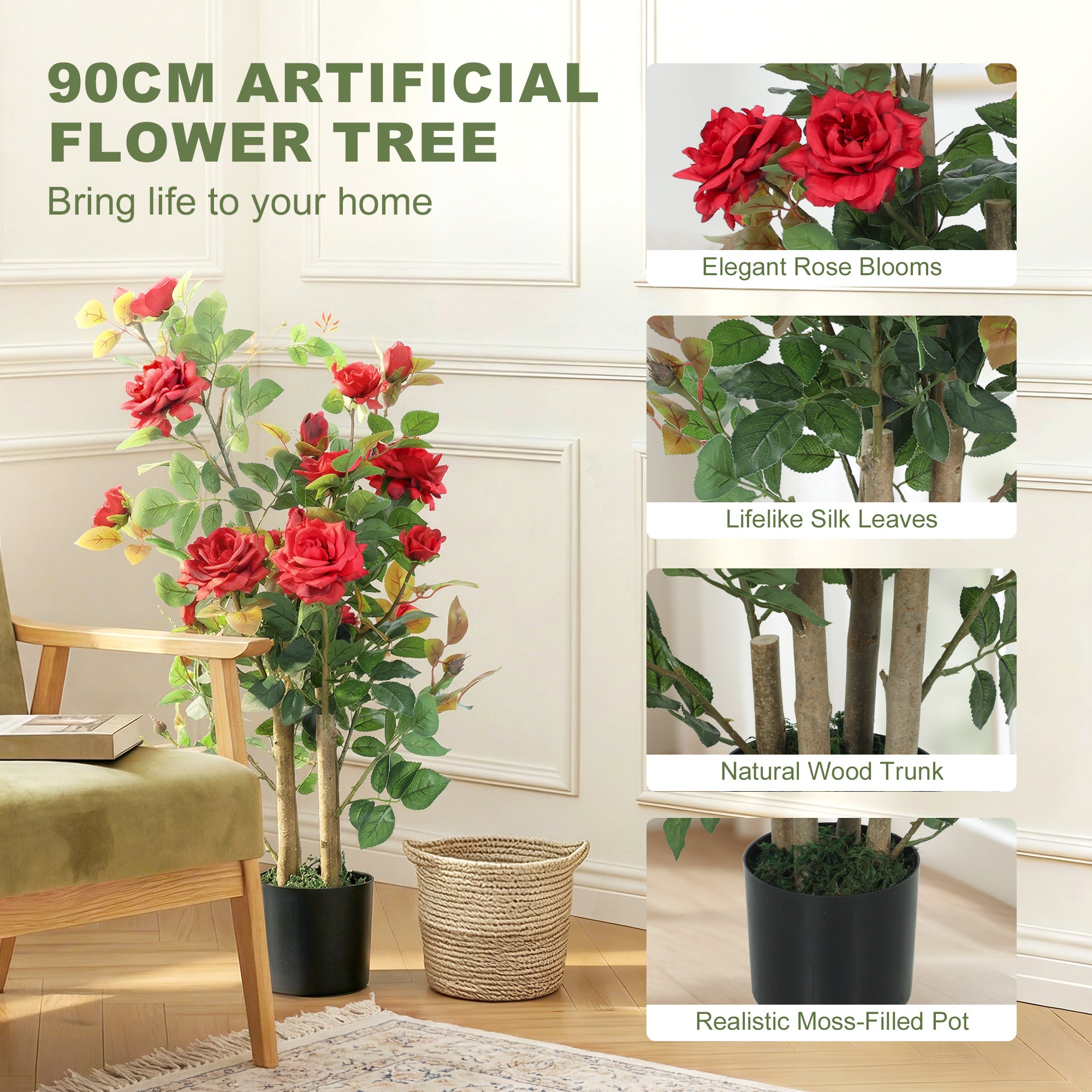 HOMCOM 90cm Artificial Rose Tree, Decorative Fake Plant with 344 Silk Leaves 17 Flowers for Outdoor Indoor Decor, Red 