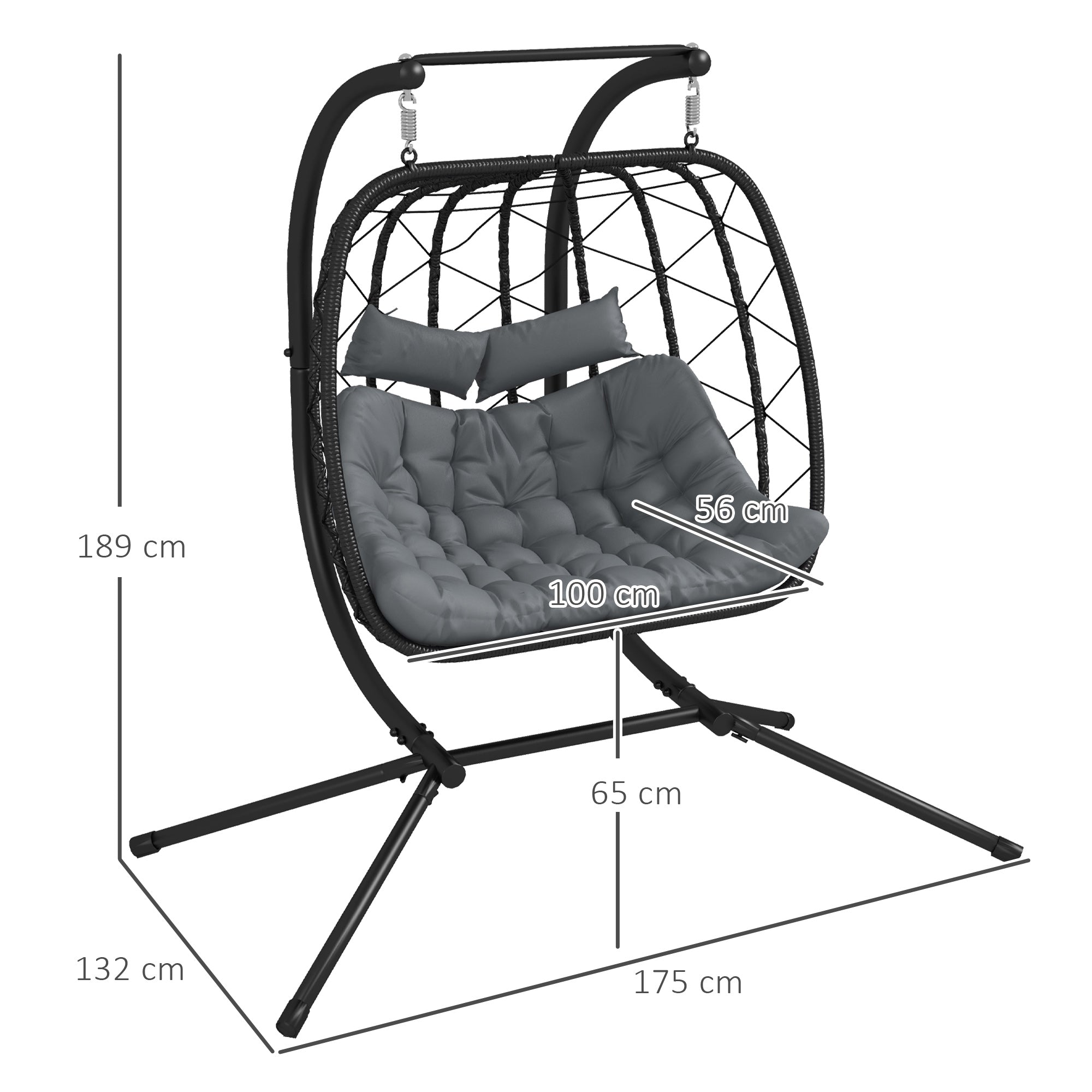 Outsunny Two-Seater Steel Frame Hanging Egg Chair - Black 