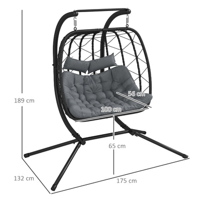 Outsunny Two-Seater Steel Frame Hanging Egg Chair - Black 