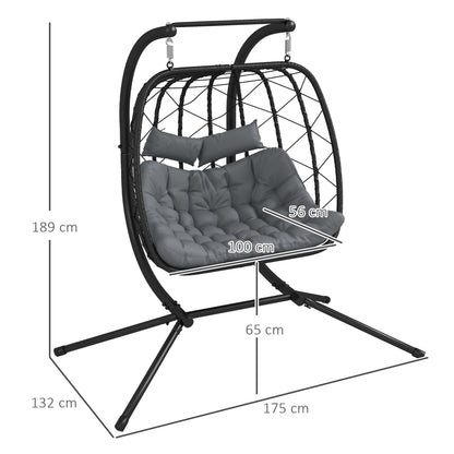 Outsunny Two-Seater Steel Frame Hanging Egg Chair - Black 
