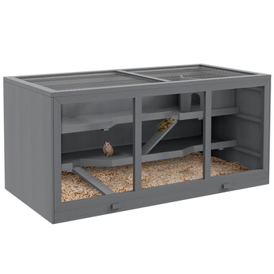 PawHut Wooden Hamster Cage, Small Animals Hutch with Tray, Openable Top, Exercise Play House Pen, 115L x 57W x 55Hcm, Grey 