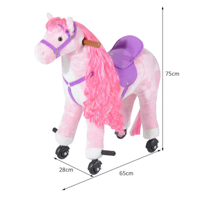 HOMCOM Plush Walking Horse Ride On Toy with Wheels and Realistic Sounds Rocking Horse for Girls Boys 3+ Years Old, 50cm Tall, Pink 