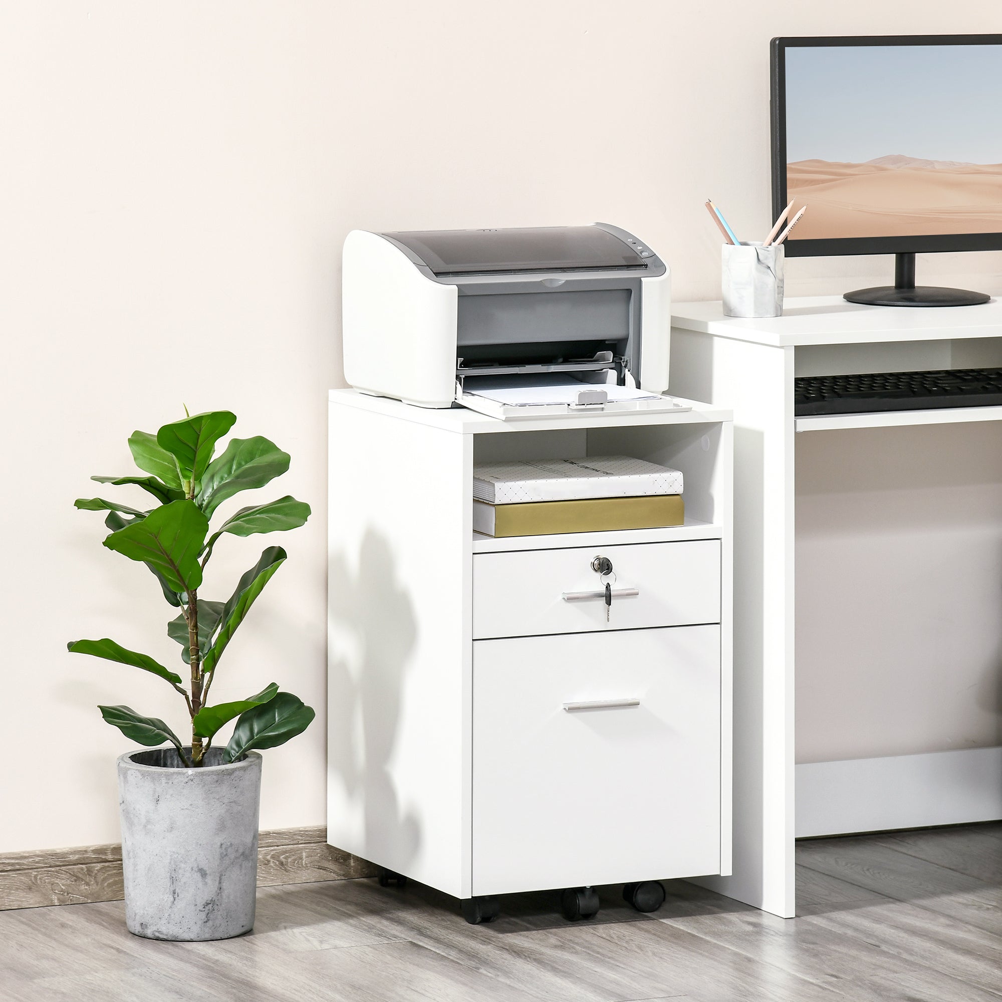 Vinsetto Lockable Two-Drawer Filing Cabinet, with Wheels - White 