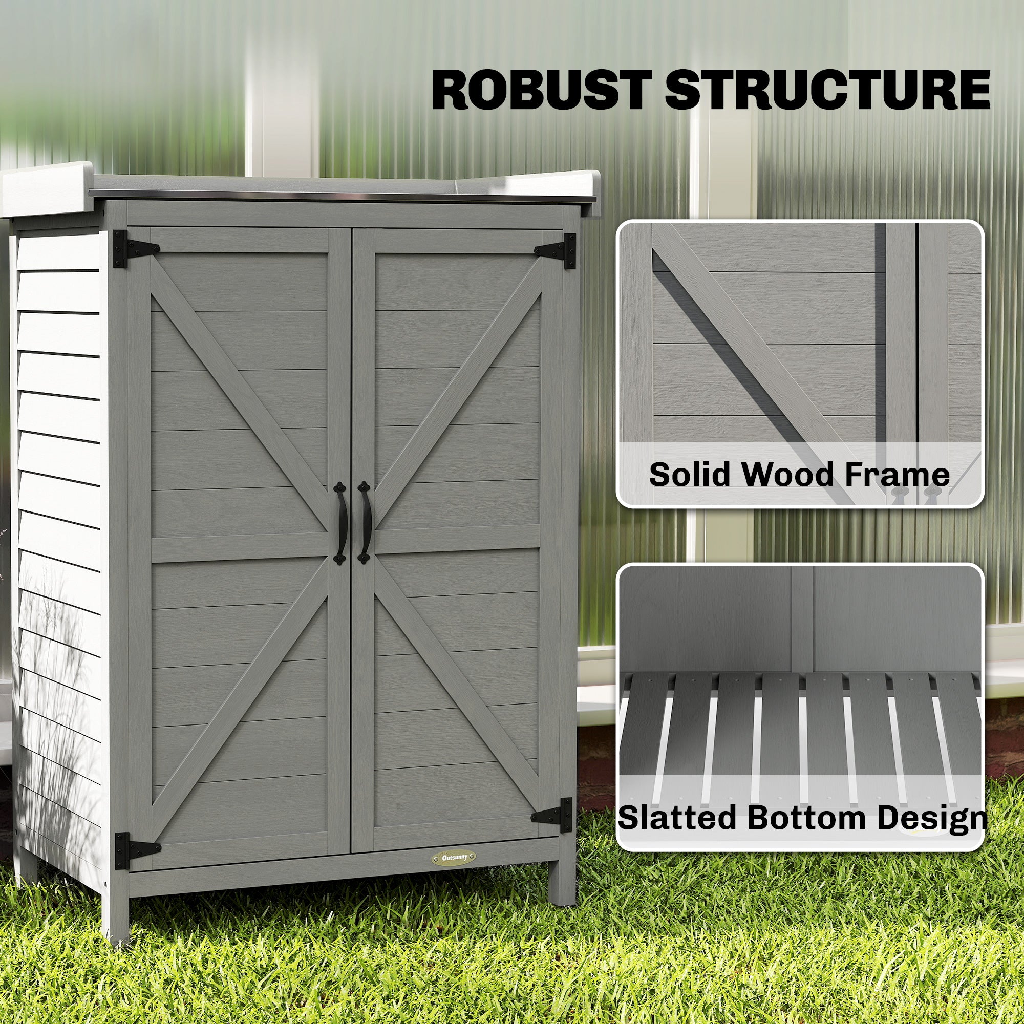 Outsunny Wooden Garden Shed, Garden Tool Storage Shed with Shelf and Side Hooks, 71.5 x 39 x 95 cm, Grey 