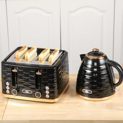 HOMCOM Kettle and Toaster Sets, 3000W 1.7L Rapid Boil Kettle & 4 Slice Toaster with 7 Browning Controls, Defrost, Reheat and Crumb Tray, Otter thermostat, Black 
