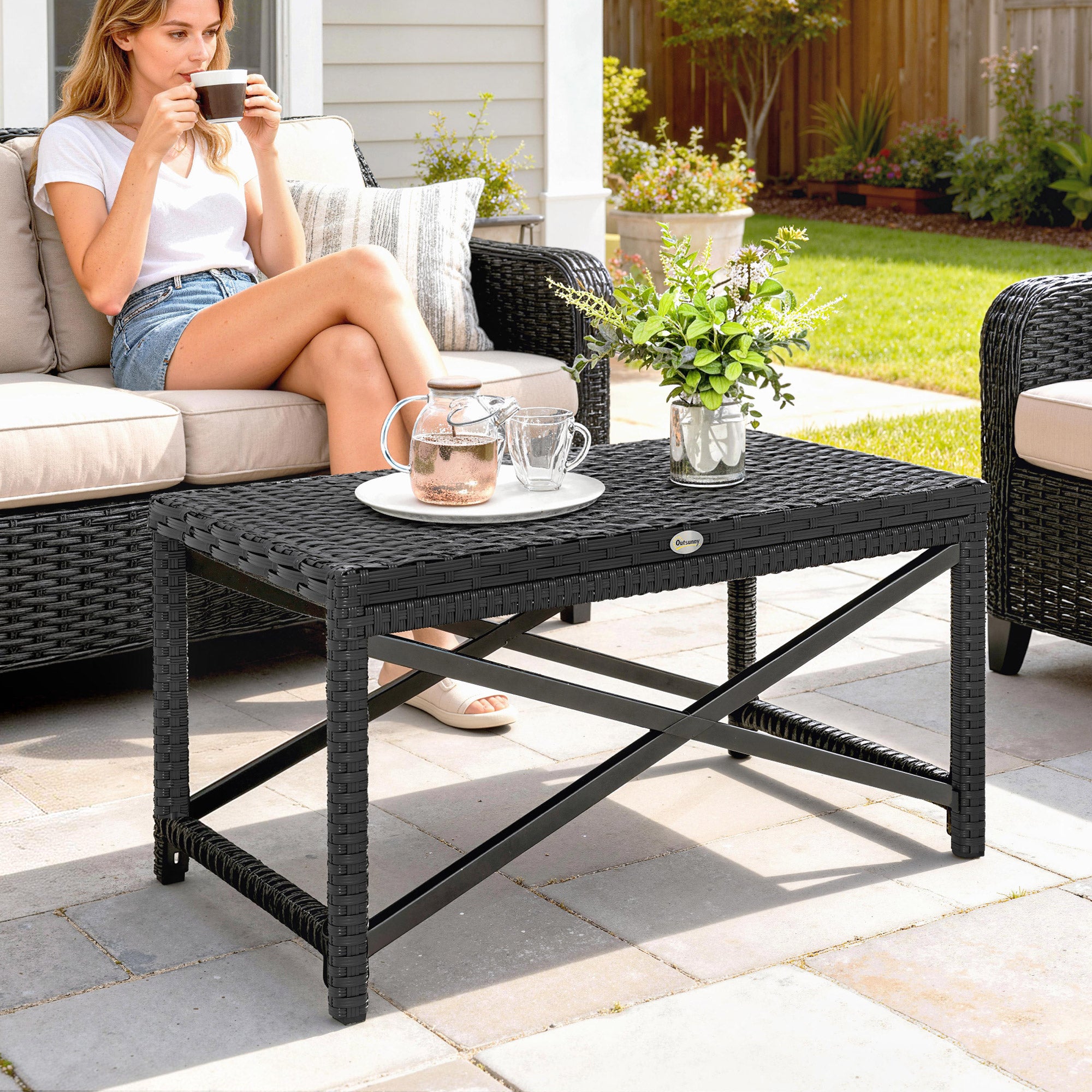 Outsunny Outdoor Coffee Table Side Table with X-Shape Frame for Patio, Balcony, Black 